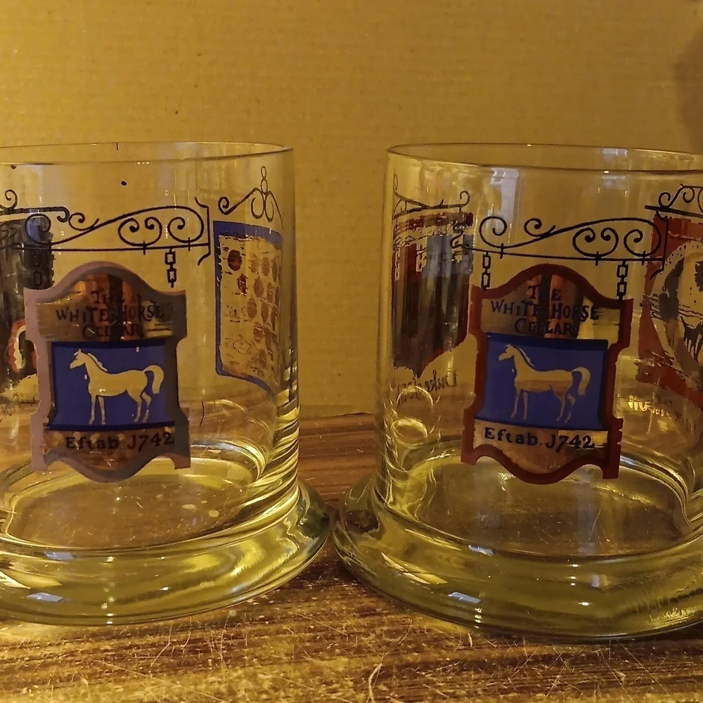 2 The White Horse Cellar scotch whiskey lowball glasses